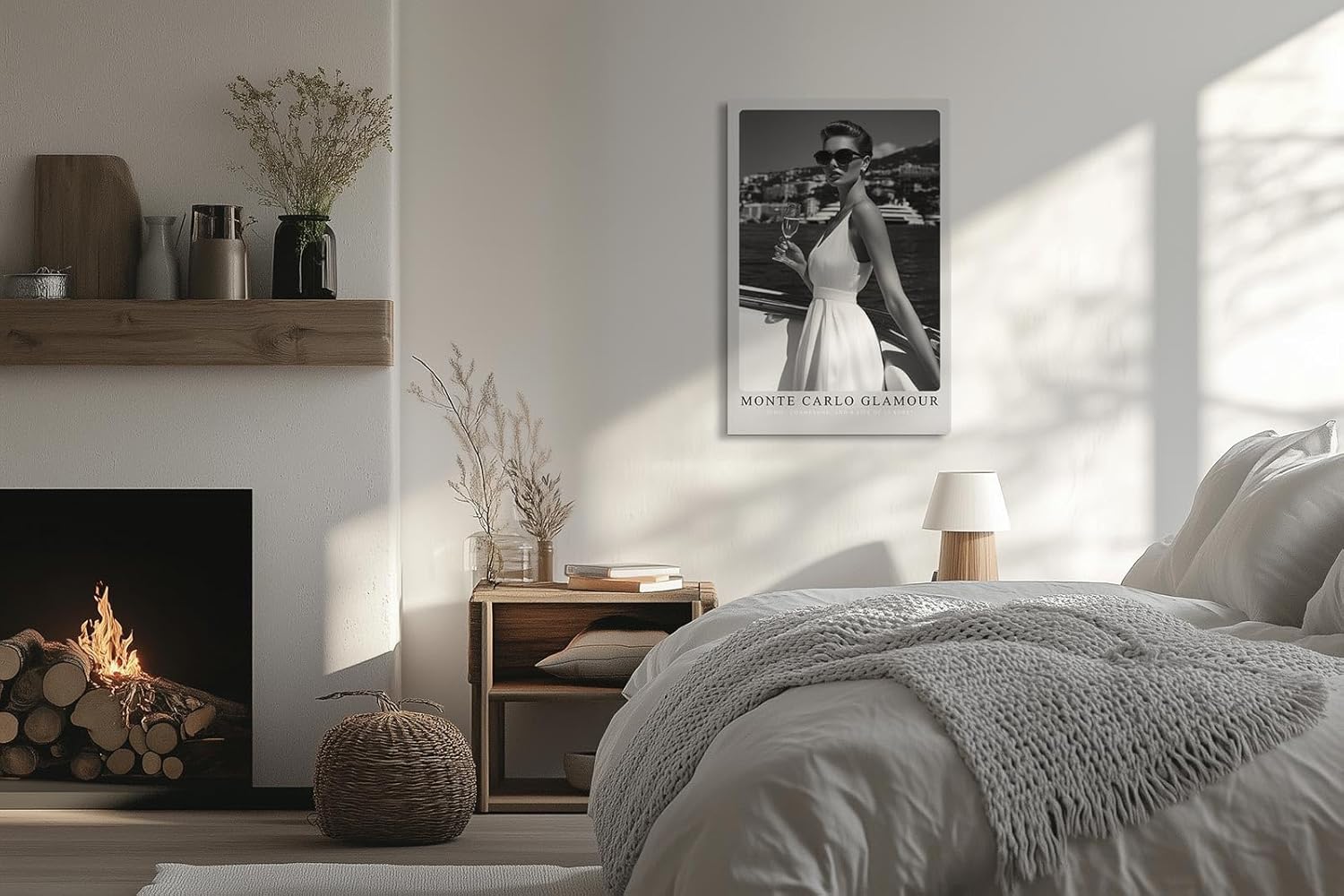 Paul Sinus Leinwandbild 80x120cm Leinwandbild Monte Carlo Glamour – Stilvolle Schwarz-Weiß-Fotografie einer eleganten Frau mit Champagner auf einer Yacht