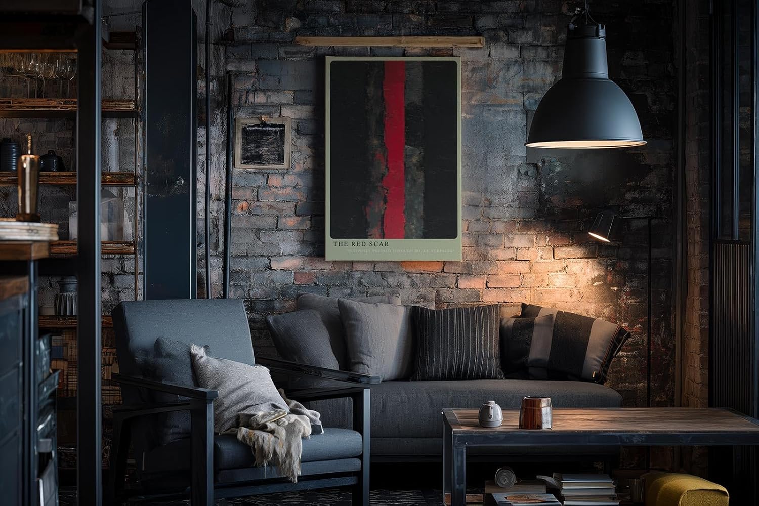 Paul Sinus Wandbild in 40x60cm The Red Scar – Abstraktes Kunstwerk mit intensivem rotem Streifen auf dunklem Grund