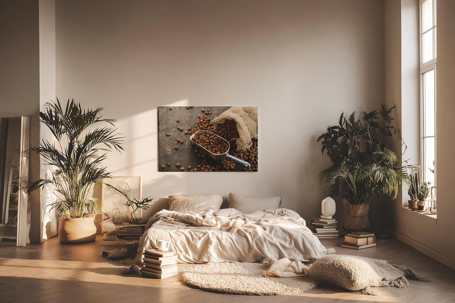 Sinus Art Wandbild 120x80cm Kaffeebohnen in Metallschaufel neben Jutesack auf dunklem Untergrund für authentisches Ambiente