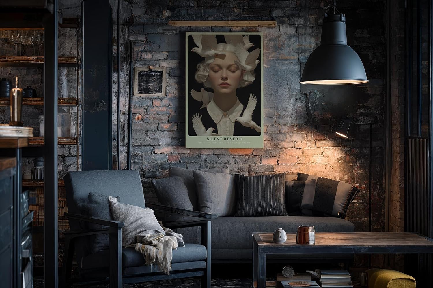 Paul Sinus Wandbild in 40x60cm Silent Reverie Porträt einer Frau mit geschlossenen Augen, umgeben von weißen Tauben, für friedvolle Raumgestaltung