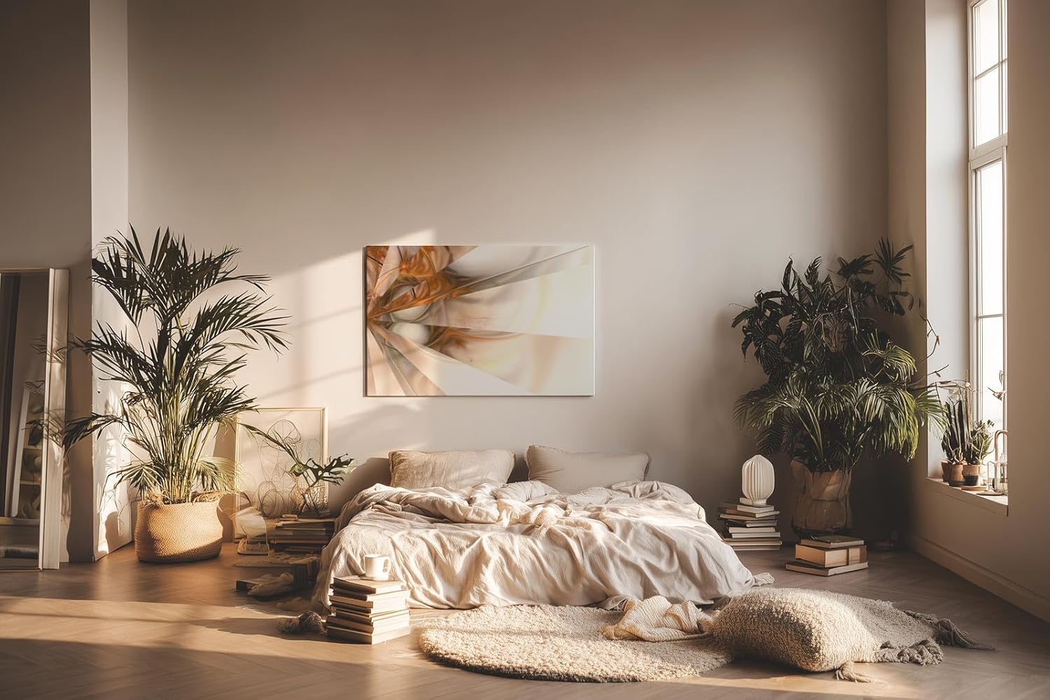 Sinus Art Wandbild 120x80cm Futuristische Lichtstrahlen in Bronze und Cremeweiß – elegant verspielt und optisch raumöffnend