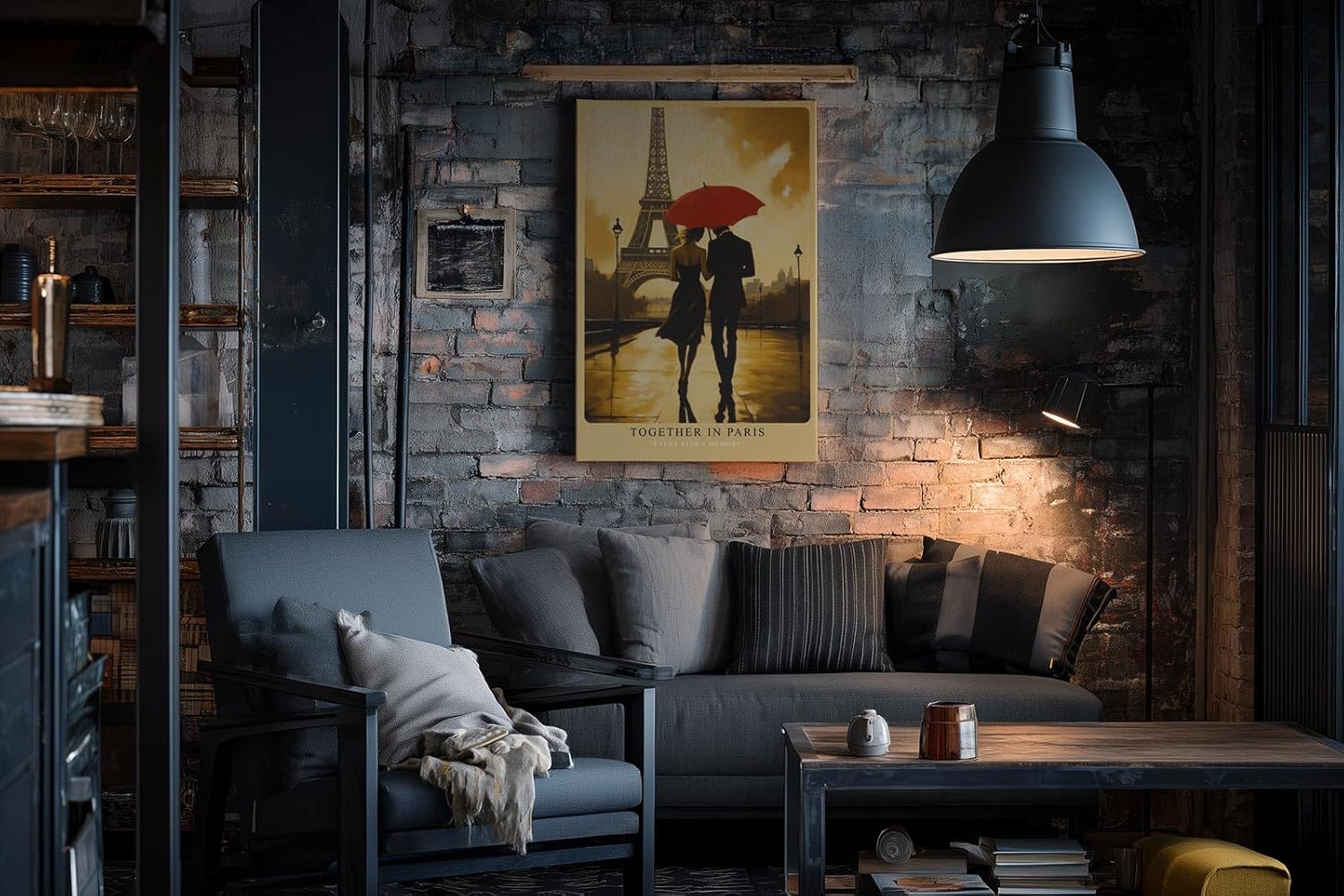 Paul Sinus Wandbild in 40x60cm Together in Paris – romantische Szene eines Paares mit rotem Schirm vor dem Eiffelturm für elegante Raumgestaltung