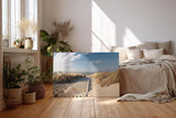 Sinus Art Wandbild 120x80cm Idyllischer Holzsteg durch Dünenlandschaft unter blauem Himmel bis zum Meer