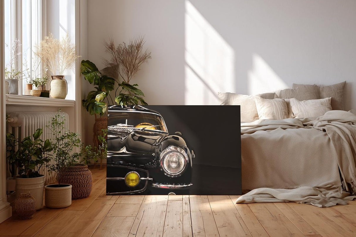 Sinus Art Wandbild 120x80cm Hochglanz-Detailaufnahme eines schwarzen Oldtimers mit nostalgischer Ausstrahlung