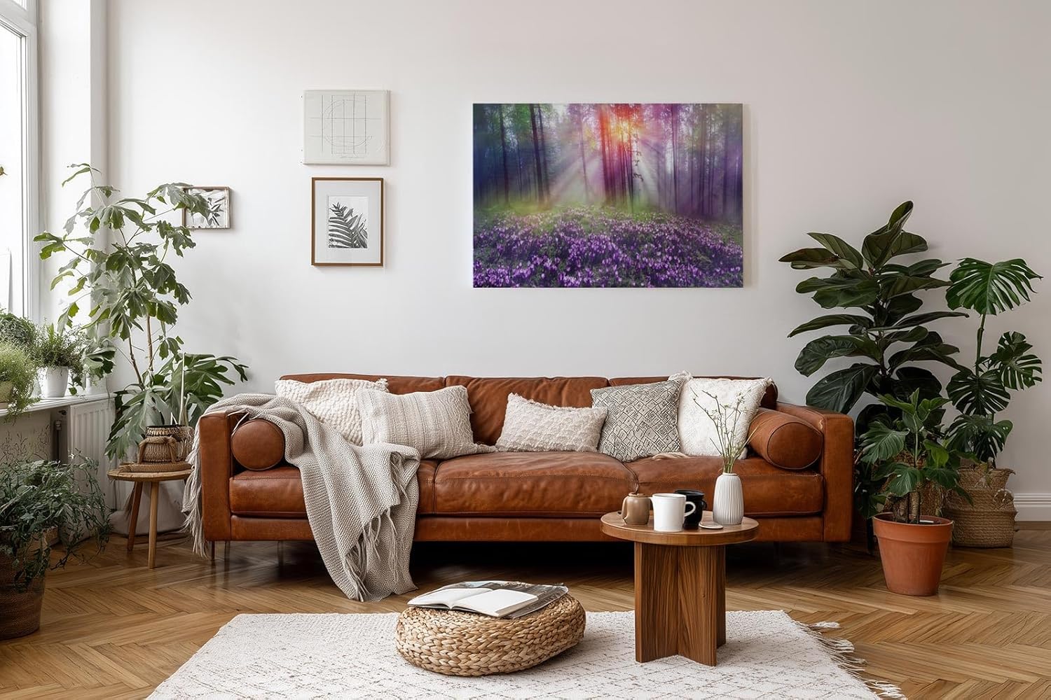 Sinus Art Wandbild 120x80cm Die lila Krokusse im Vordergrund und das Lichtspiel im Wald erzeugen eine zauberhafte Atmosphäre