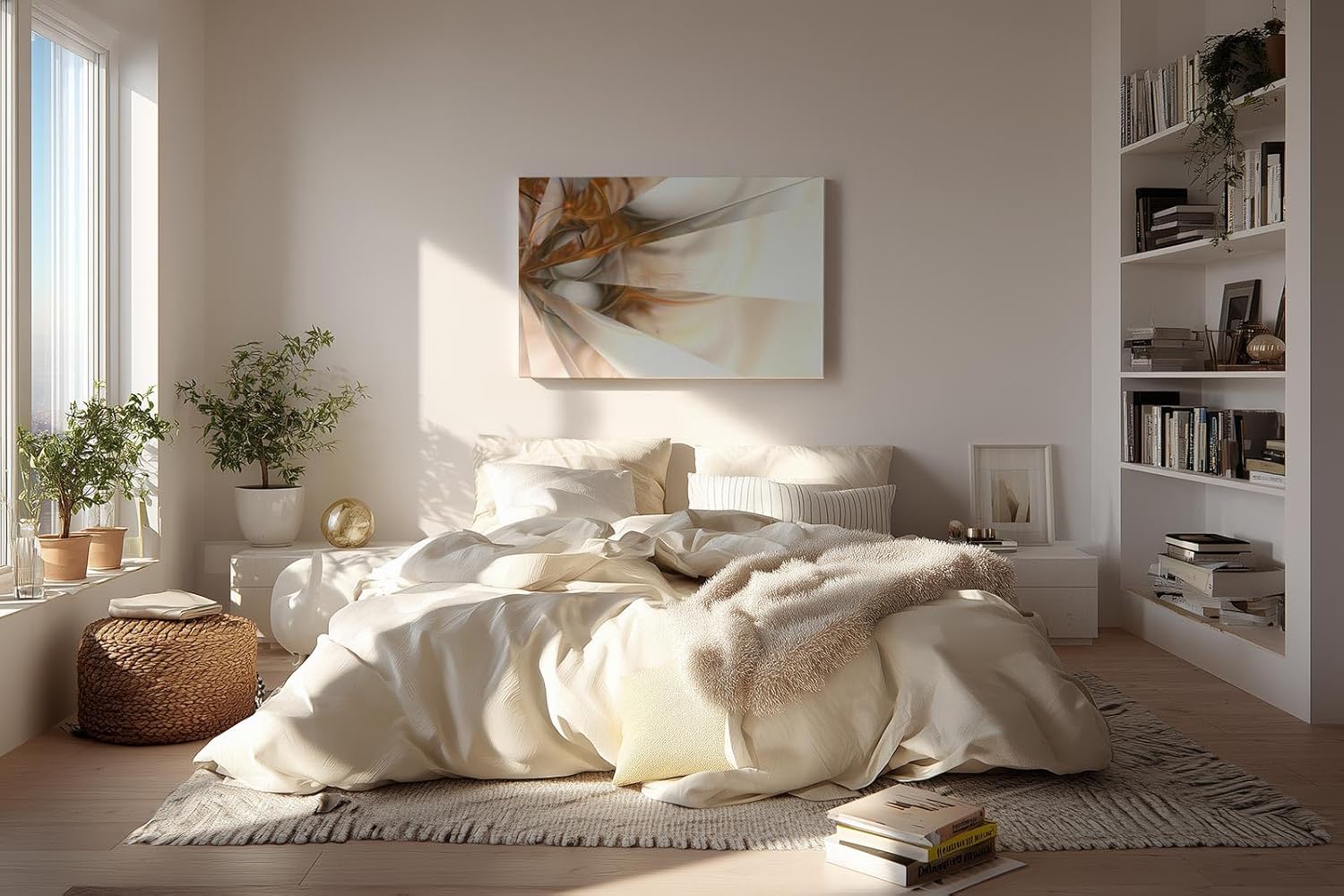 Sinus Art Wandbild 120x80cm Futuristische Lichtstrahlen in Bronze und Cremeweiß – elegant verspielt und optisch raumöffnend