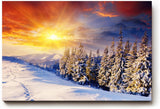 Sinus Art Wandbild 120x80cm Schneebedeckter Nadelwald im Morgenlicht – intensiv, leuchtend und ruhig zugleich