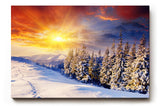 Sinus Art Wandbild 120x80cm Schneebedeckter Nadelwald im Morgenlicht – intensiv, leuchtend und ruhig zugleich
