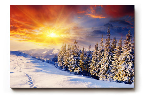 Sinus Art Wandbild 120x80cm Schneebedeckter Nadelwald im Morgenlicht – intensiv, leuchtend und ruhig zugleich