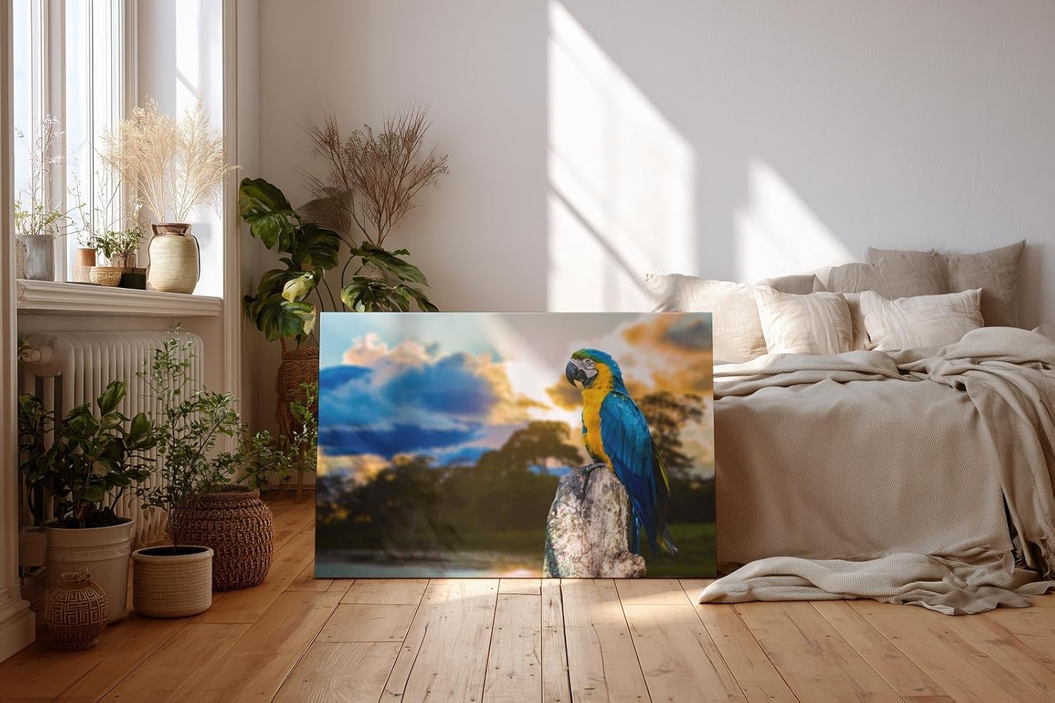 Sinus Art Wandbild 120x80cm Farbenfroher Ara auf Baumstamm mit stimmungsvoller Himmelsszenerie in der Natur