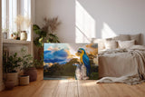 Sinus Art Wandbild 120x80cm Farbenfroher Ara auf Baumstamm mit stimmungsvoller Himmelsszenerie in der Natur