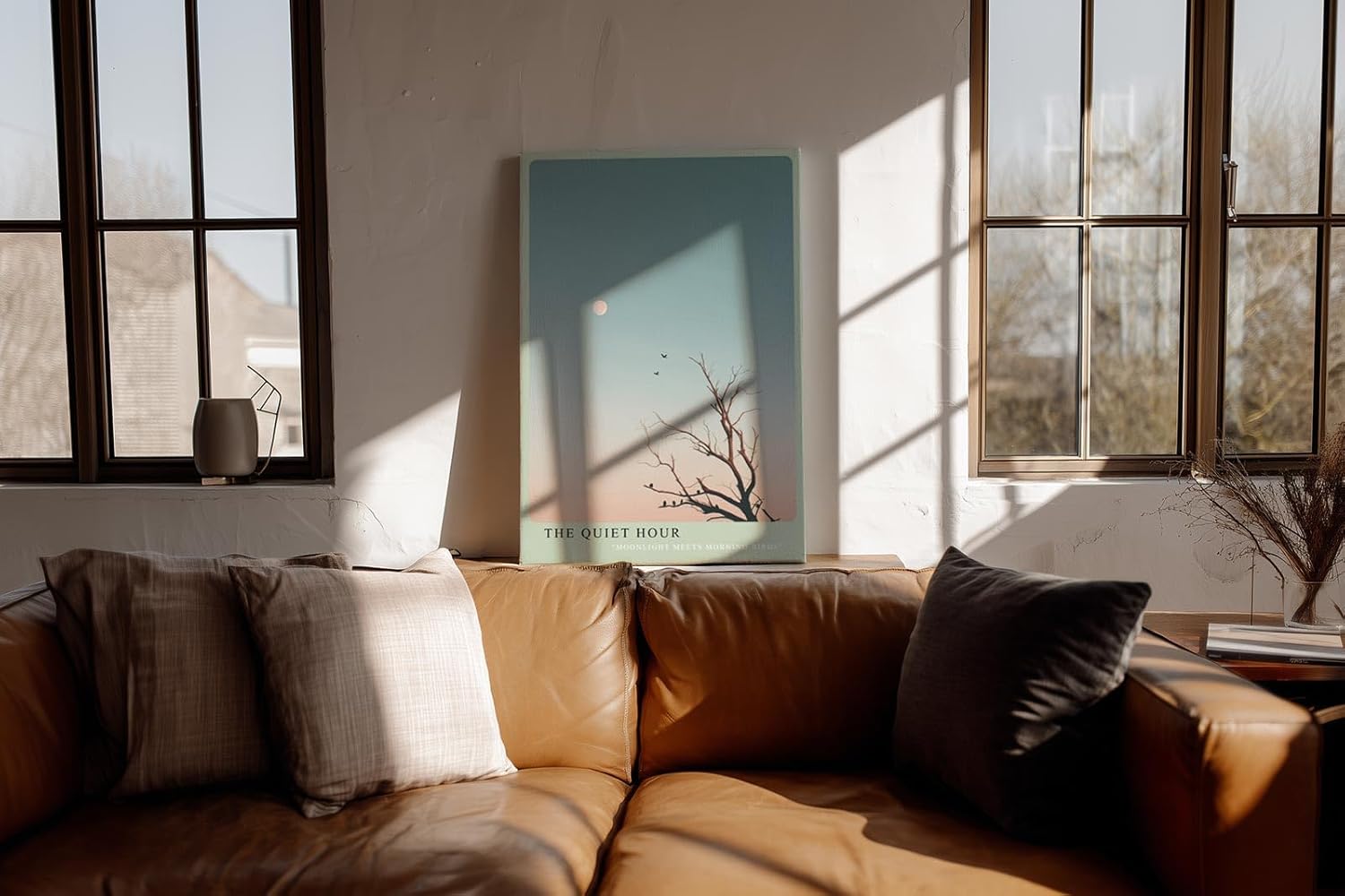 Paul Sinus Wandbild in 40x60cm The Quiet Hour Minimalistische Landschaft mit Baum, Vögeln und Mond im sanften Farbverlauf von Blau zu Rosa
