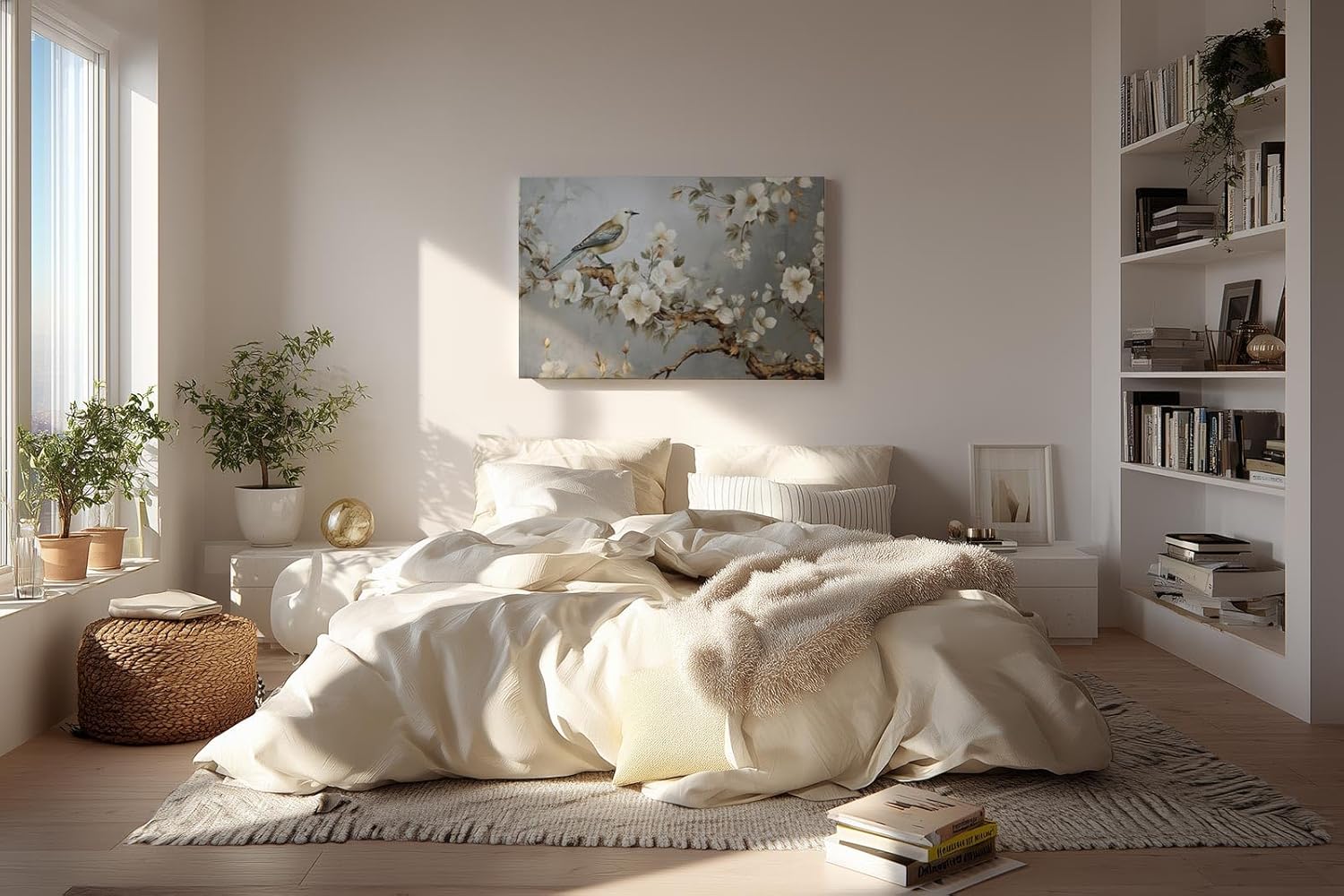 Sinus Art Wandbild 120x80cm Anmutiger Vogel auf einem Ast mit weißen Blüten vor harmonischem Hintergrund – ruhig und ausdrucksstark
