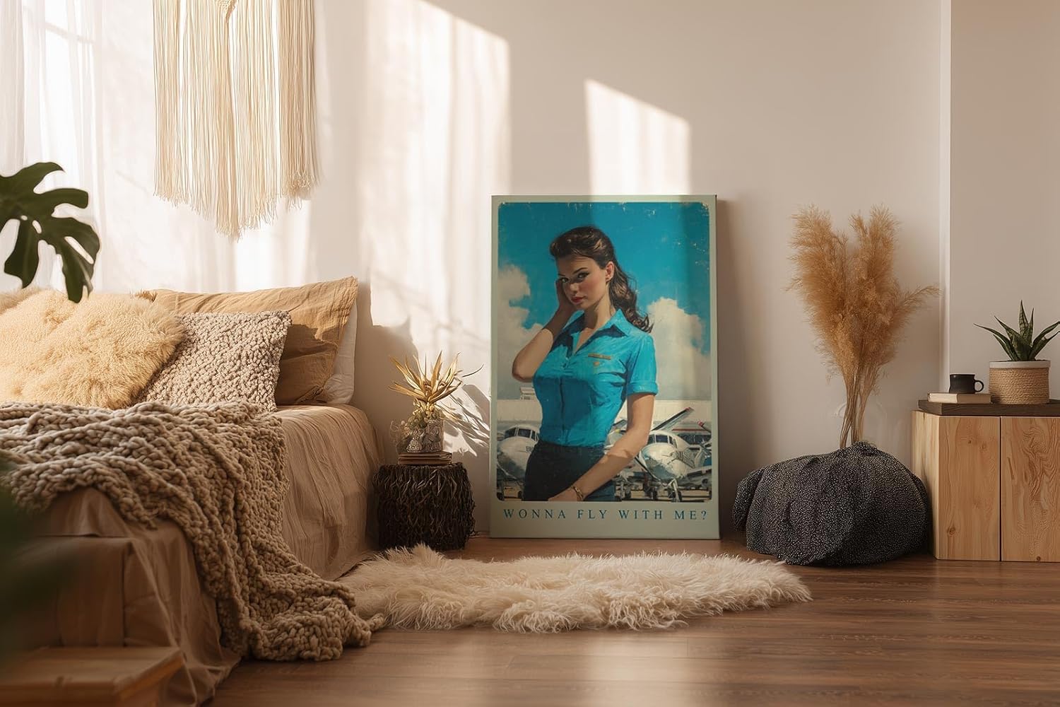 Paul Sinus Wandbild in 40x60cm Wonna Fly With Me mit charmanter Frau im Retro-Stil vor kleinen Flugzeugen für stilvolle Wandgestaltung