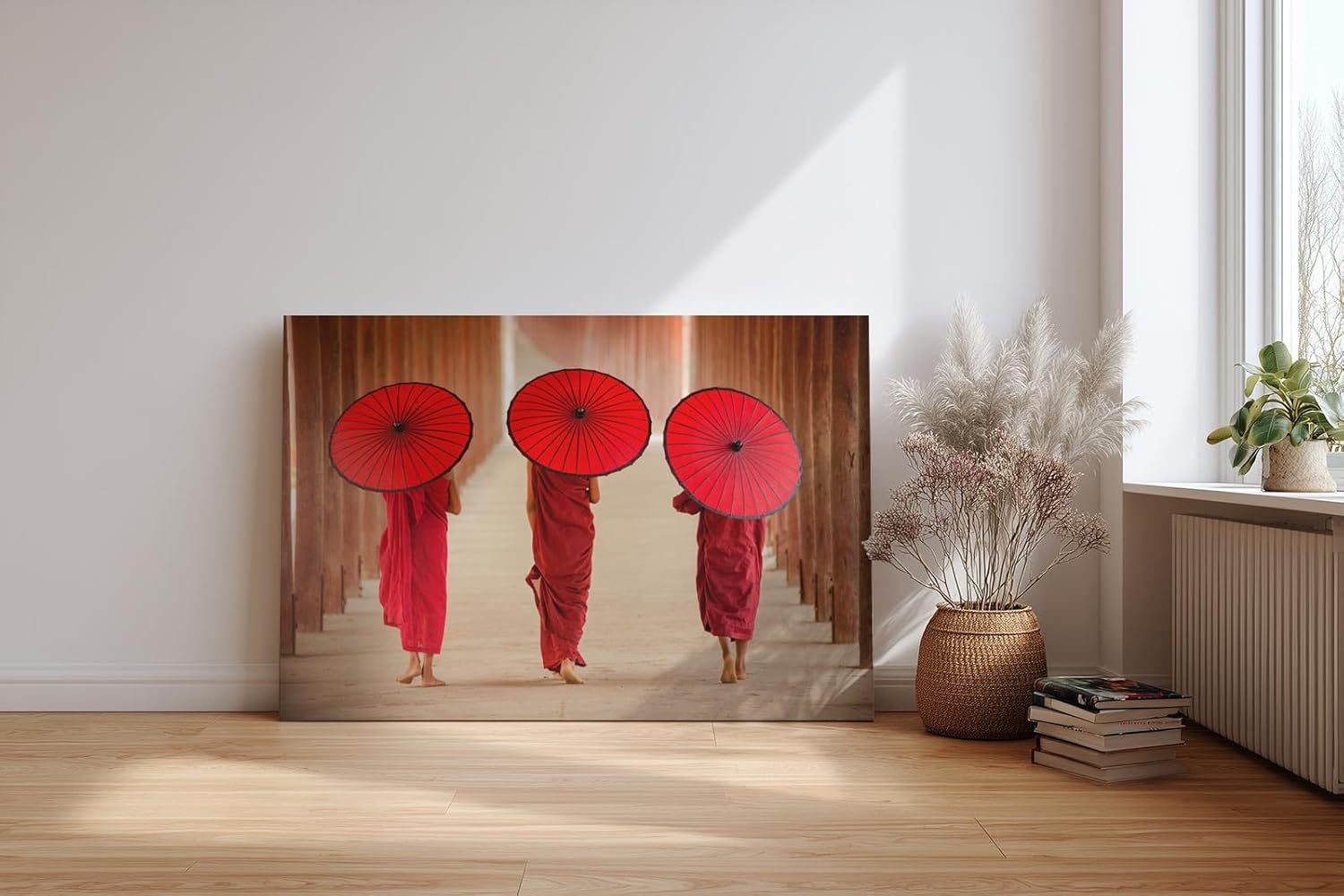 Sinus Art Wandbild 120x80cm Drei Mönche mit traditionellen Schirmen in rhythmischer Komposition