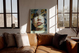 Paul Sinus Wandbild in 40x60cm Fragments of Her – ausdrucksstarkes Porträt einer Frau mit Schmetterlingsfragmenten in leuchtenden Farben