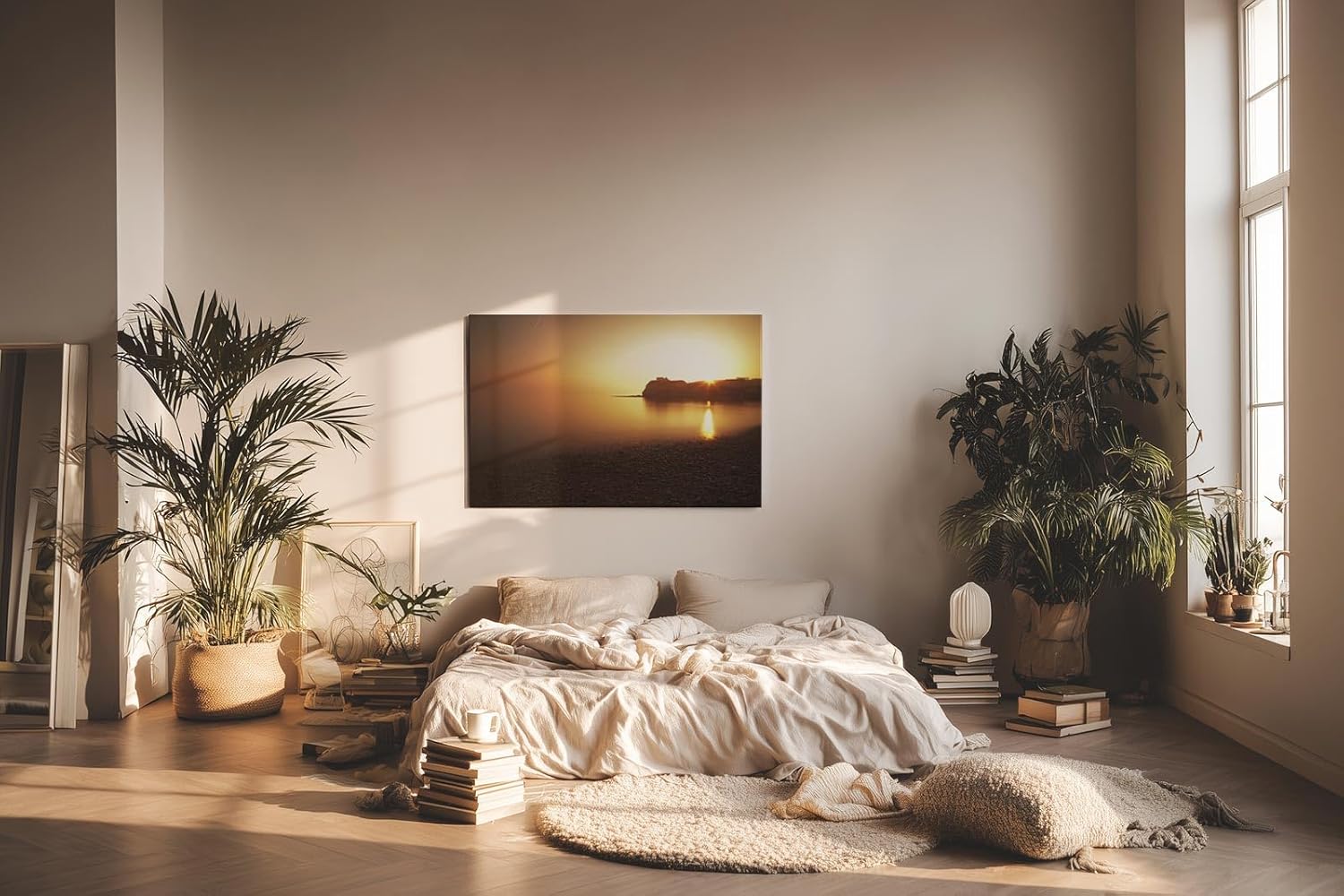 Sinus Art Wandbild 120x80cm Ruhiger Küstenstreifen im goldenen Abendlicht – meditativ, weit und beruhigend
