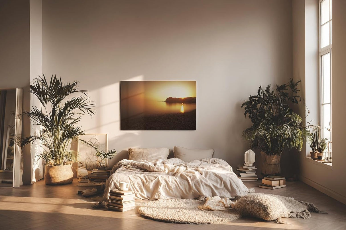 Sinus Art Wandbild 120x80cm Ruhiger Küstenstreifen im goldenen Abendlicht – meditativ, weit und beruhigend