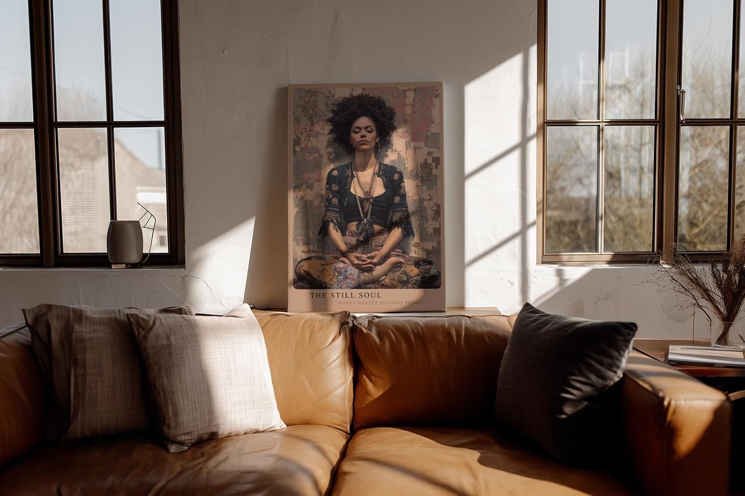 Paul Sinus Wandbild in 40x60cm The Still Soul mit meditierender Frau in Boho-Stil vor abstraktem Hintergrund für entspannende Wandgestaltung
