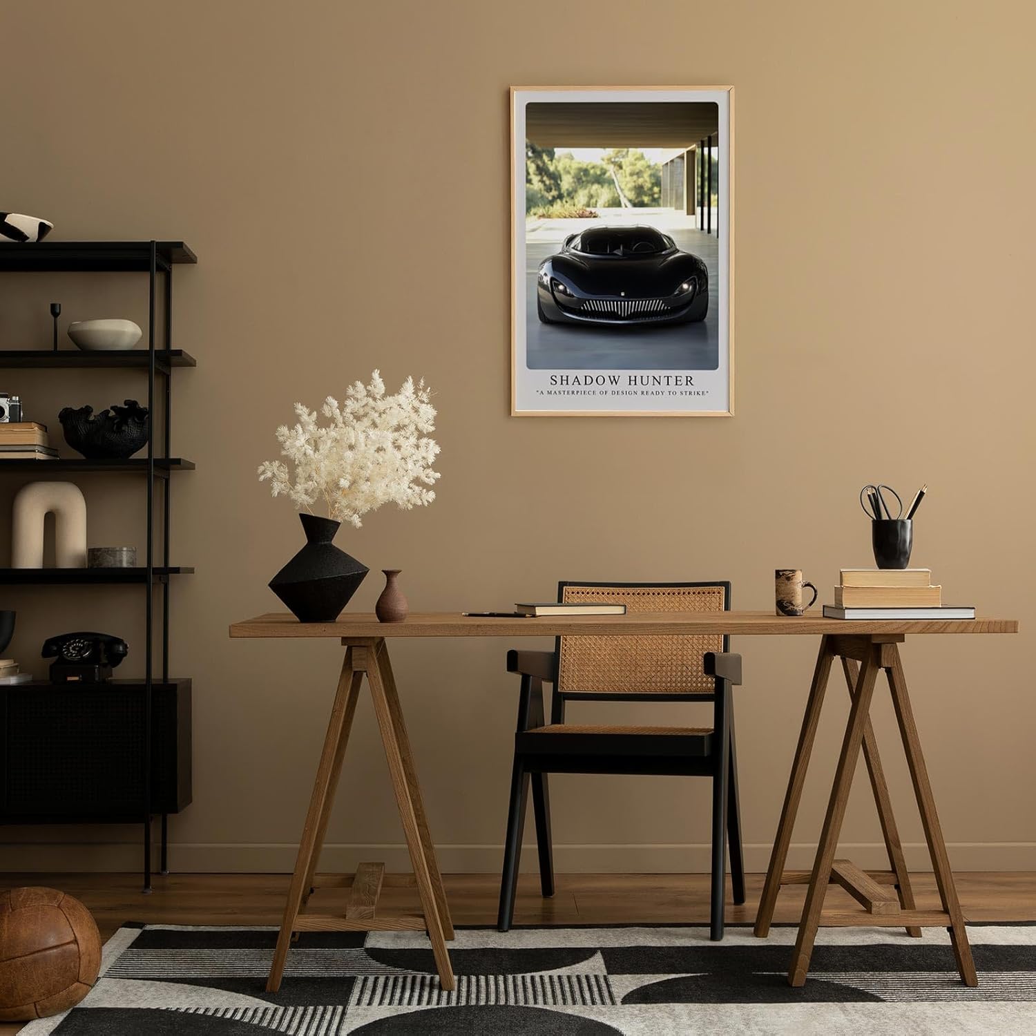 Paul Sinus Leinwandbild 60x90cm futuristischer schwarzer Supersportwagen mit aggressivem Design und luxuriöser Ästhetik in moderner Architektur