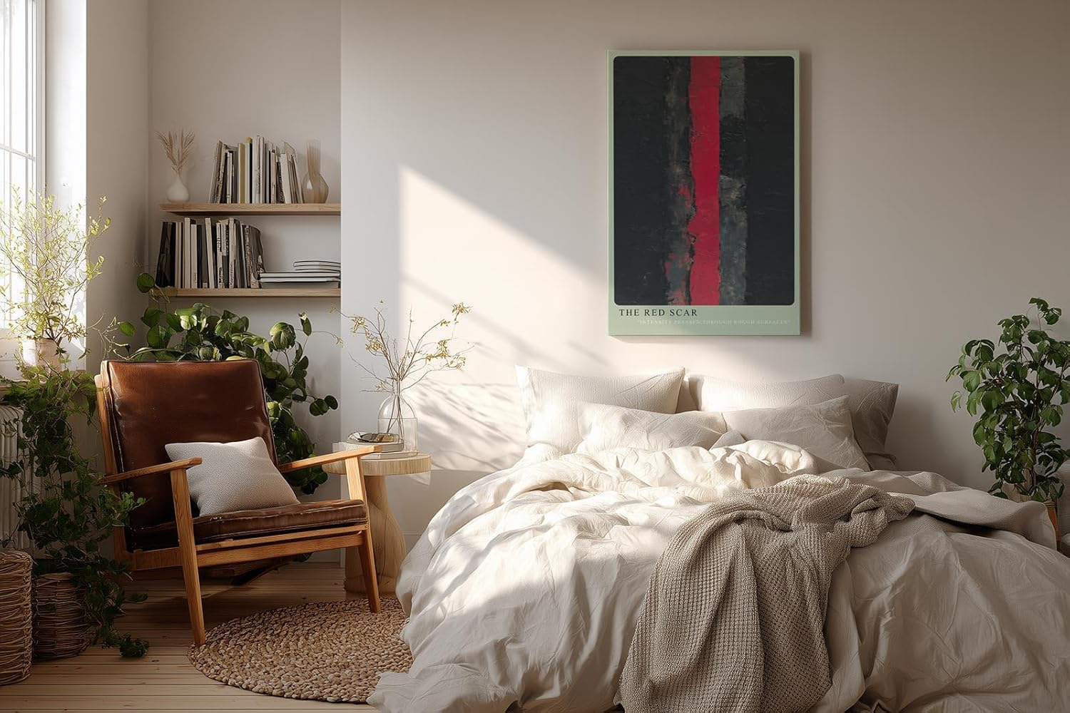 Paul Sinus Wandbild in 40x60cm The Red Scar – Abstraktes Kunstwerk mit intensivem rotem Streifen auf dunklem Grund