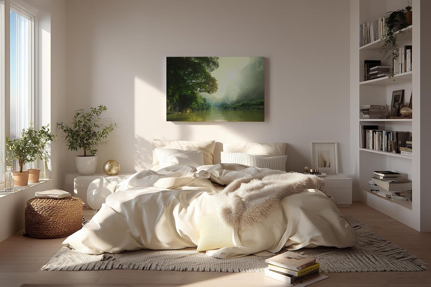 Sinus Art Wandbild 120x80cm Stimmungsvoller Flusslauf im Tal mit Sonnenaufgang und dichter Vegetation