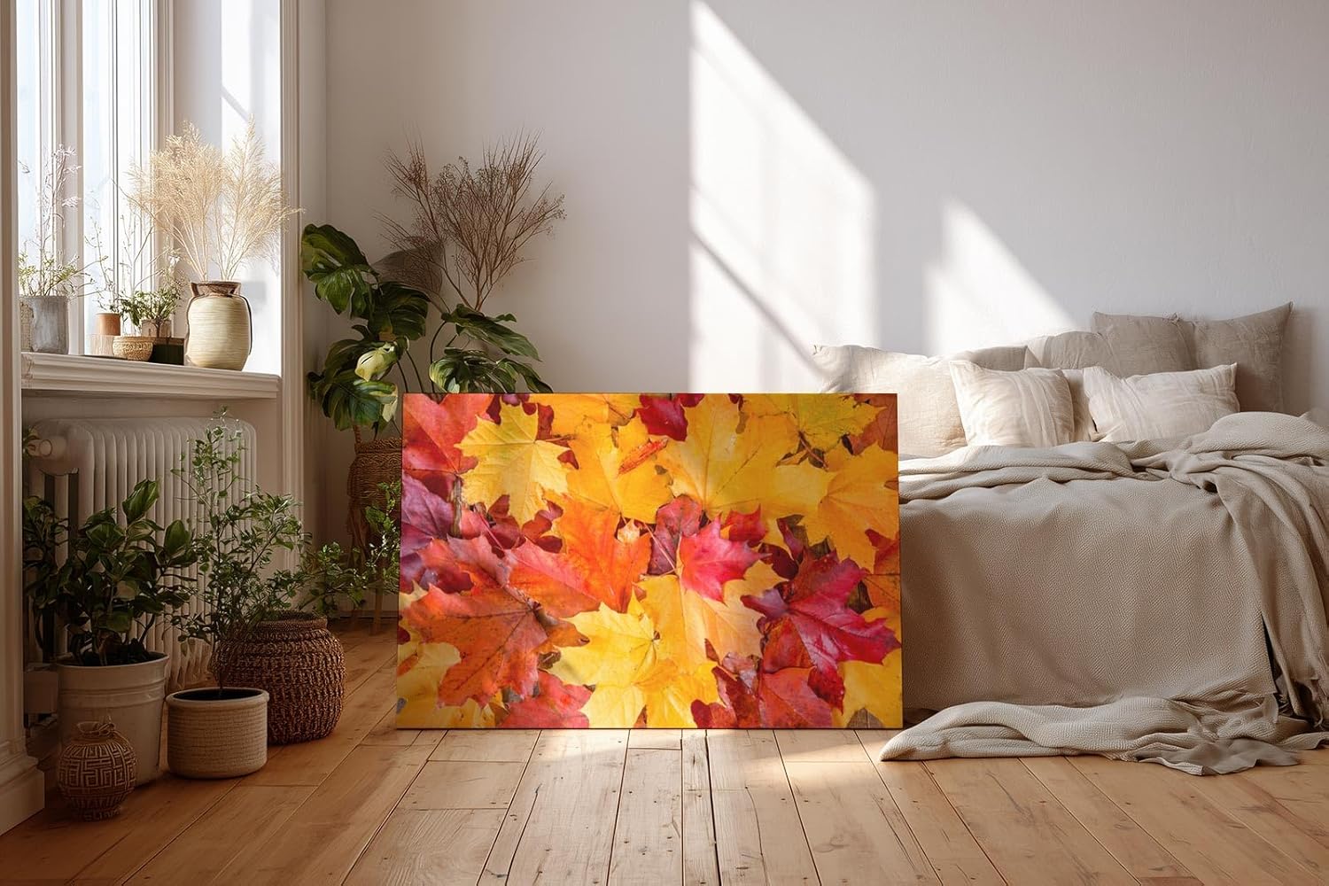 Sinus Art Wandbild 120x80cm Vielfältige Ahornblätter in leuchtenden Gelb- und Rottönen in Nahaufnahme