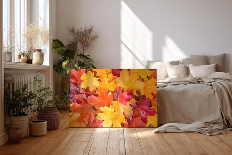 Sinus Art Wandbild 120x80cm Vielfältige Ahornblätter in leuchtenden Gelb- und Rottönen in Nahaufnahme