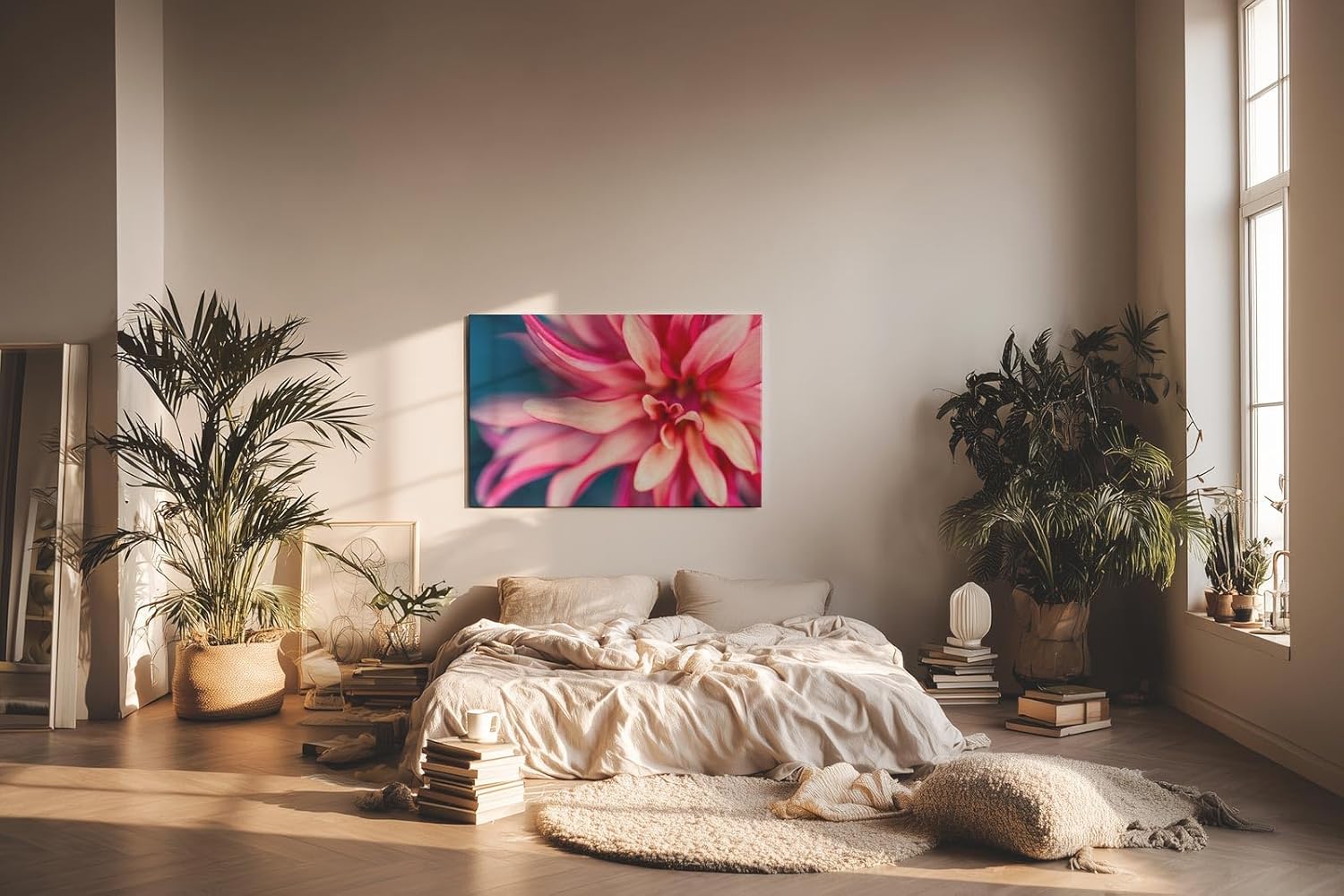 Sinus Art Wandbild 120x80cm Makroaufnahme einer farbenprächtigen Dahlie mit weichen Formen und kraftvoller Blütenmitte