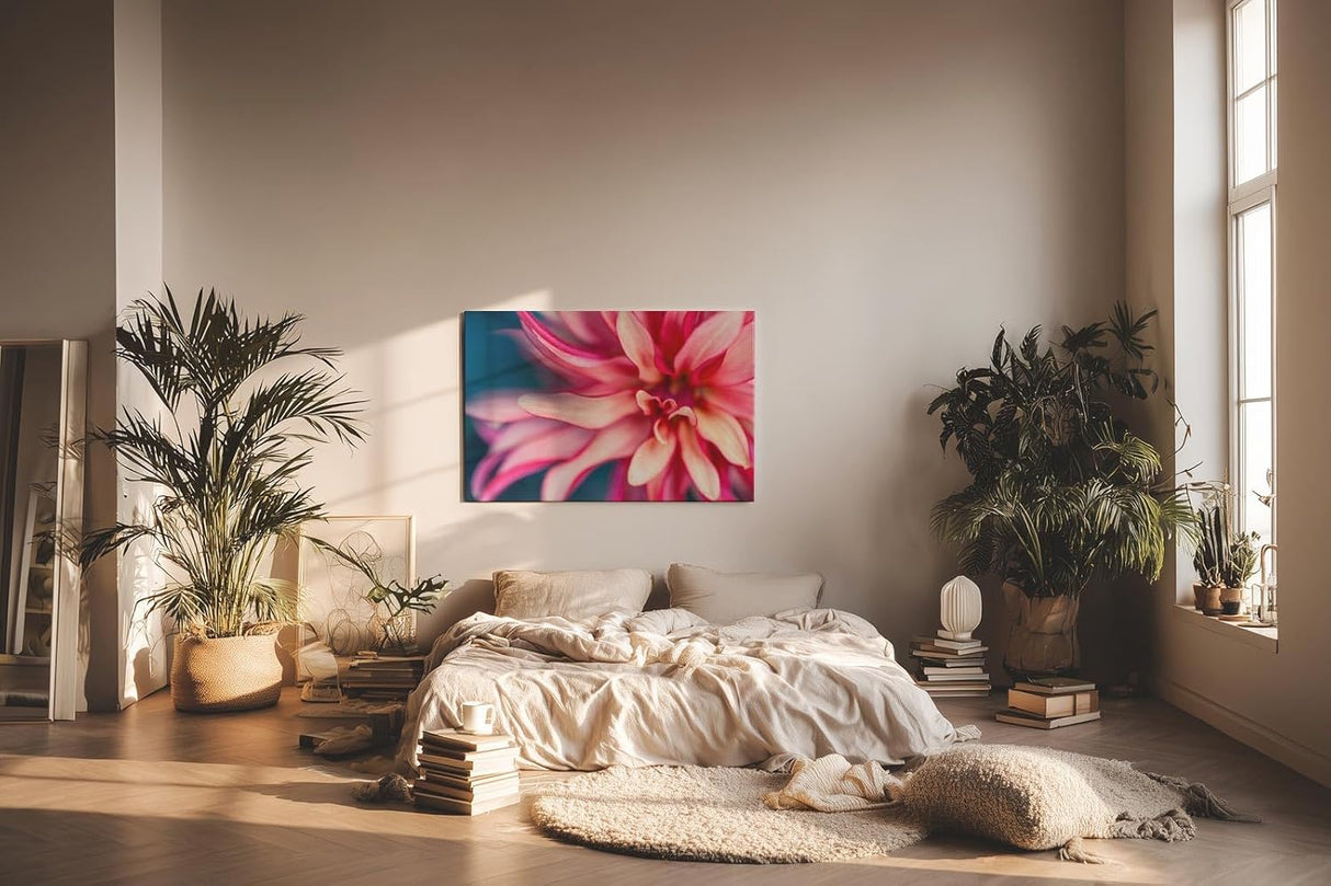 Sinus Art Wandbild 120x80cm Makroaufnahme einer farbenprächtigen Dahlie mit weichen Formen und kraftvoller Blütenmitte