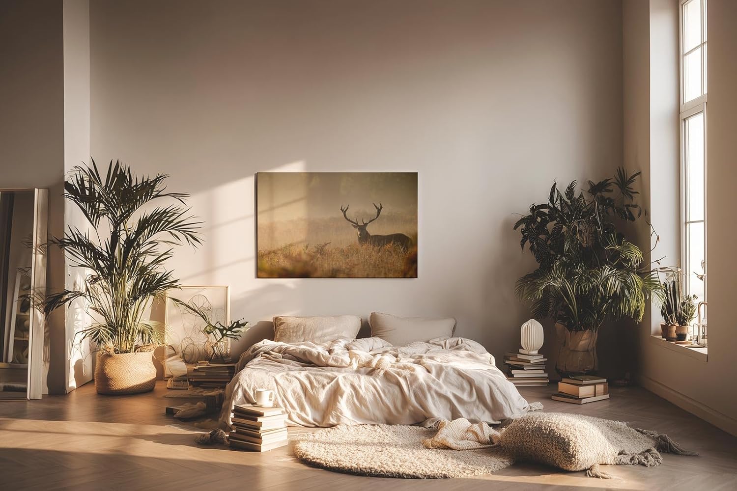 Sinus Art Wandbild 120x80cm Der majestätische Hirsch im Nebel erzeugt eine ruhige kraftvolle Stimmung im Raum