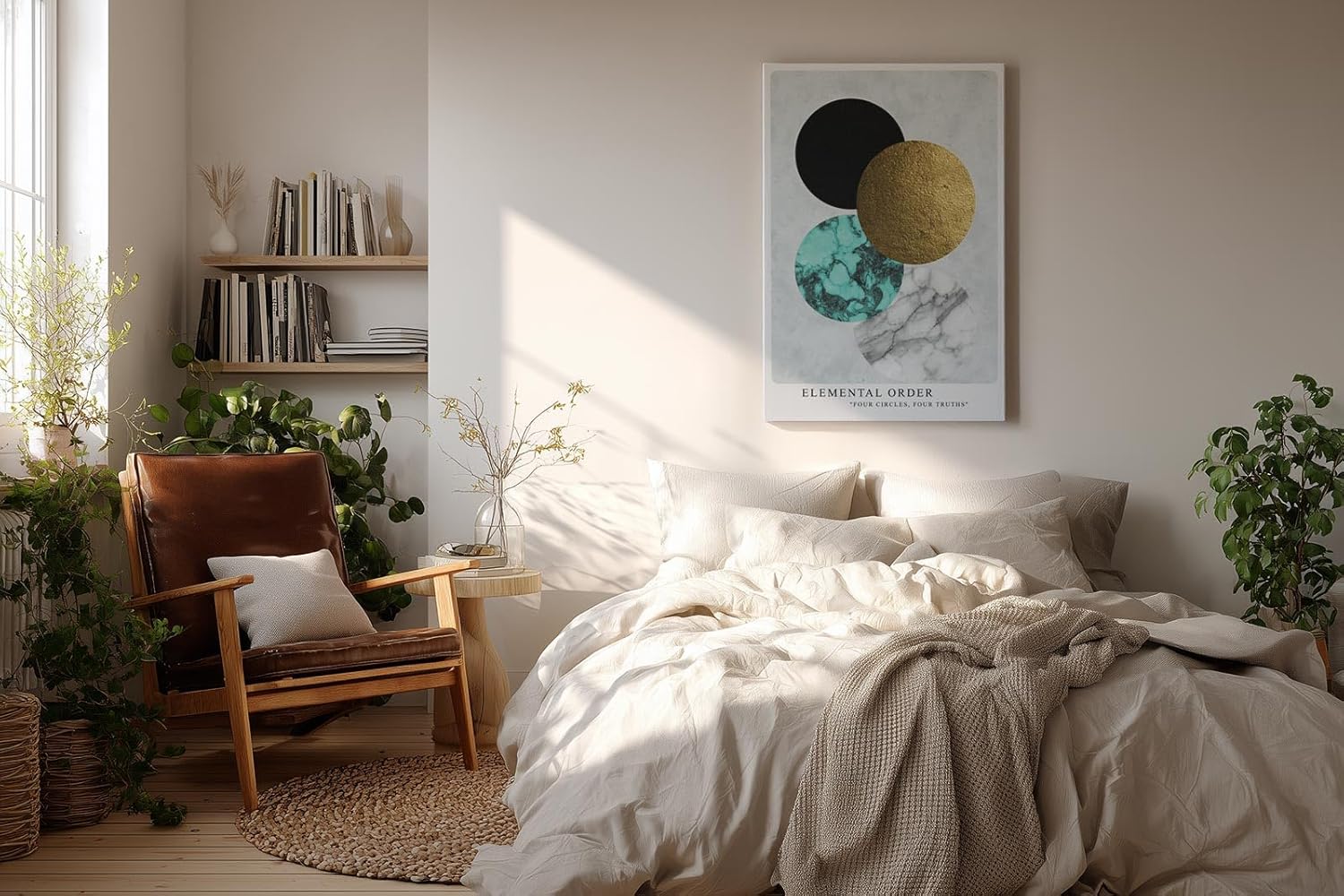 Paul Sinus Wandbild in 40x60cm Elemental Order – Minimalistische Vierkreiskomposition in Schwarz, Gold, Türkis und Marmorstruktur