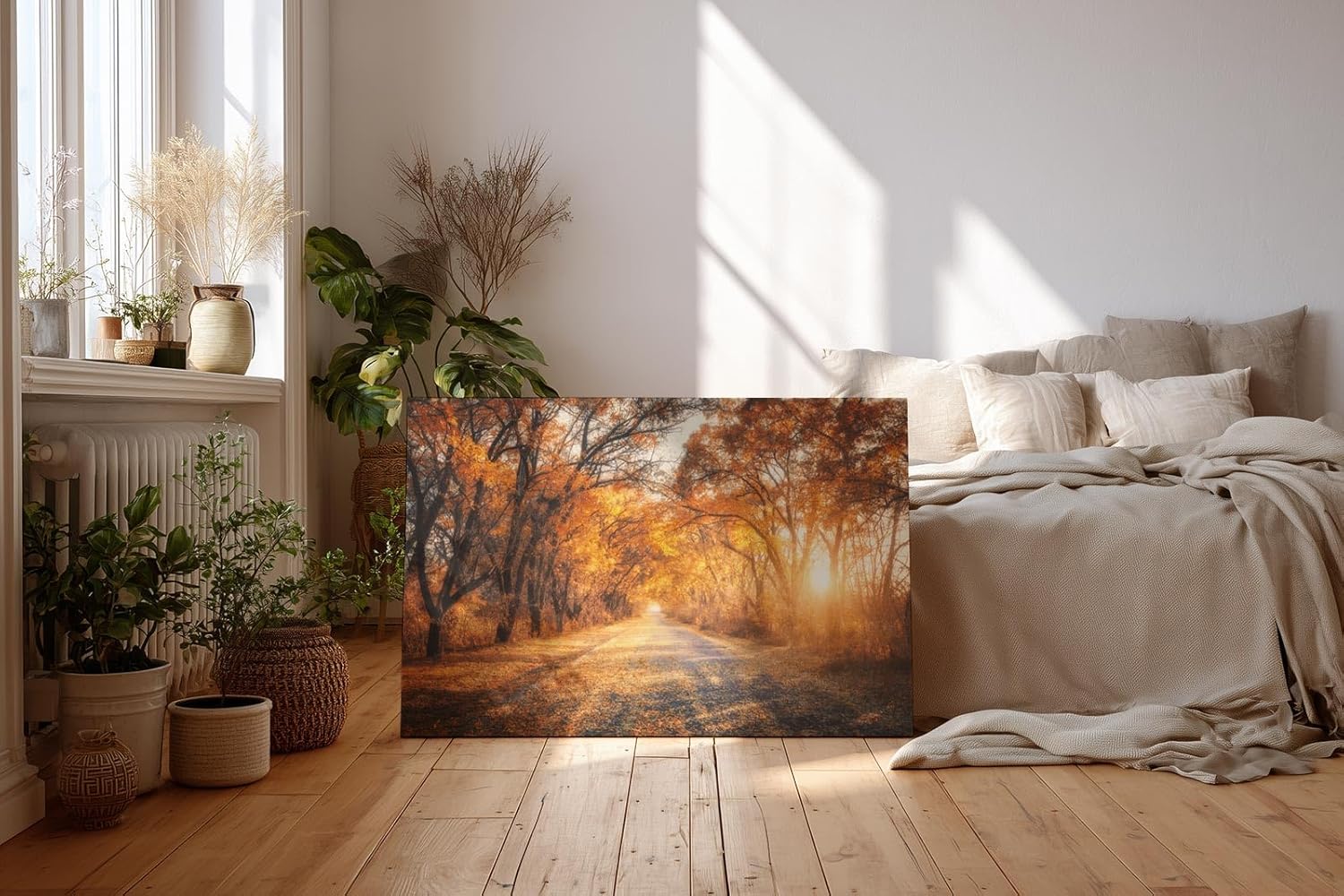 Sinus Art Wandbild 120x80cm Faszinierende Herbstallee mit goldenen Blättern und Lichtspiel in der Natur