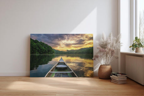 Sinus Art Wandbild 120x80cm Blick vom Boot auf stillen See im Abendlicht – meditativ, klar und inspirierend