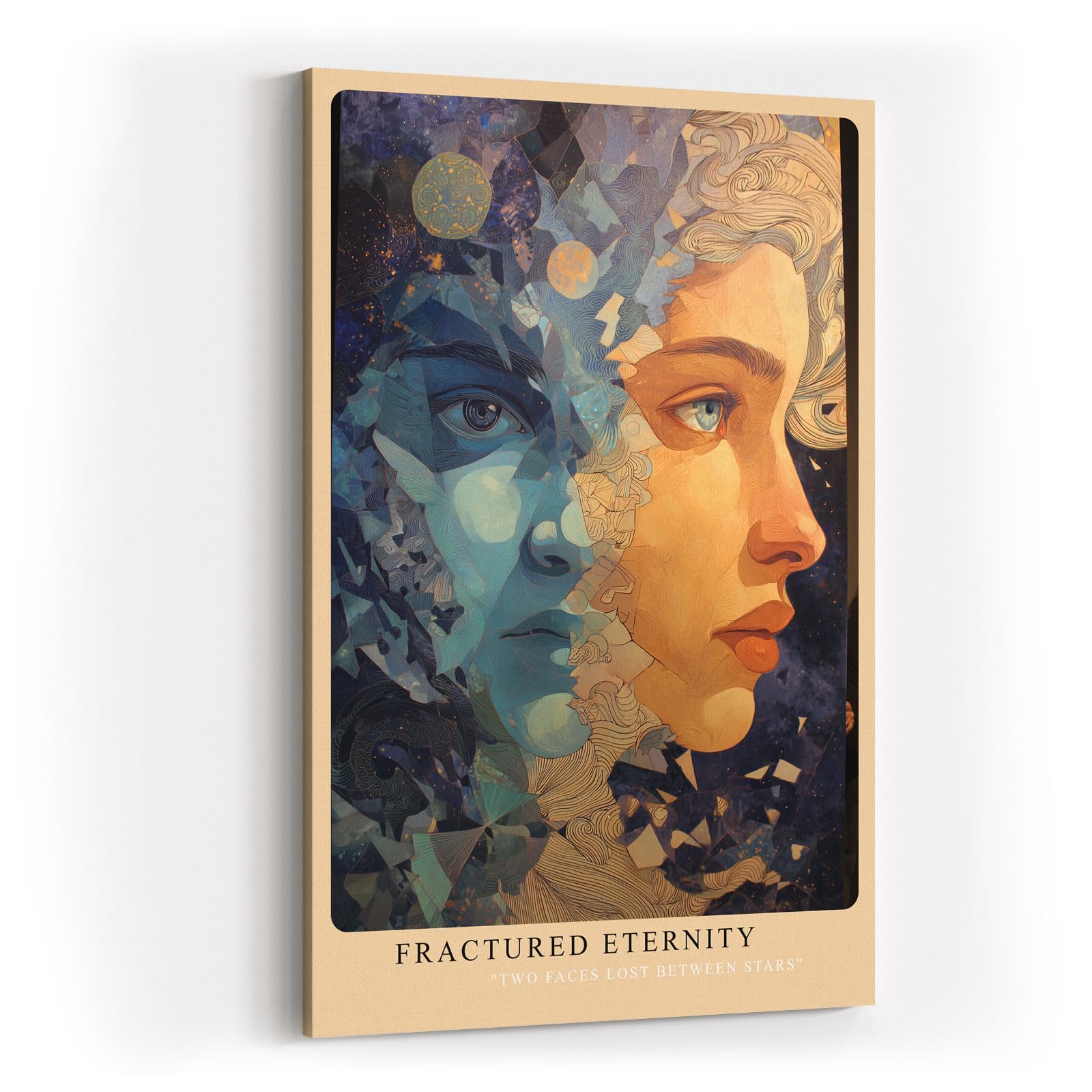 Paul Sinus Wandbild in 40x60cm Fractured Eternity abstraktes Porträt zweier Gesichter in Blauund Hauttönen mit kosmischen Elementen