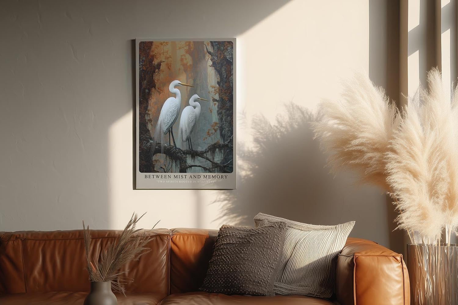 Paul Sinus Wandbild in 40x60cm Between Mist and Memory naturgetreue Darstellung zweier weißer Reiher in nebliger Waldlandschaft