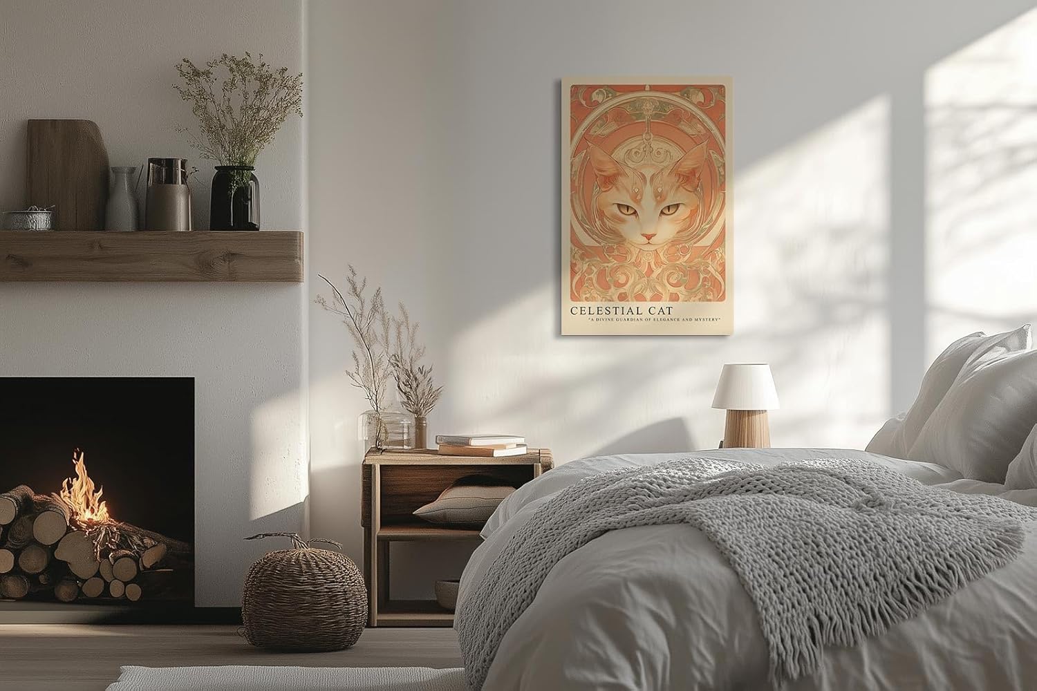 Paul Sinus Leinwandbild 60x90cm kunstvolle Darstellung einer mystischen Katze mit ornamentalen Verzierungen, harmonische Wandkunst in warmen Erdtönen