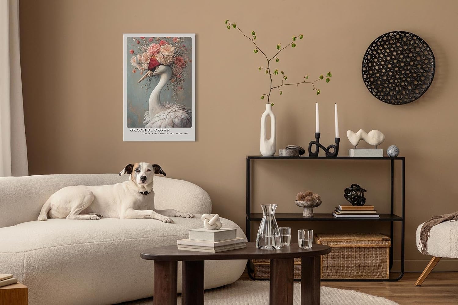 Paul Sinus Leinwandbild 60x90cm Anmutiger Kranich elegant majestätisch kunstvolle Wandkunst florale Krone faszinierend surreal sanfte Farben harmonisch