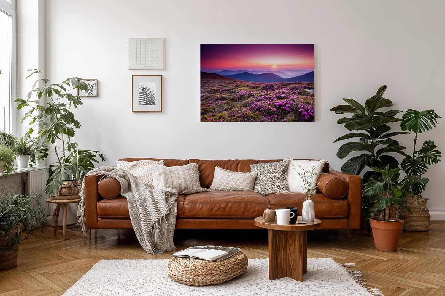 Sinus Art Wandbild 120x80cm Farbintensive Blumenwiese mit lila Blüten unter farbenfrohem Abendhimmel