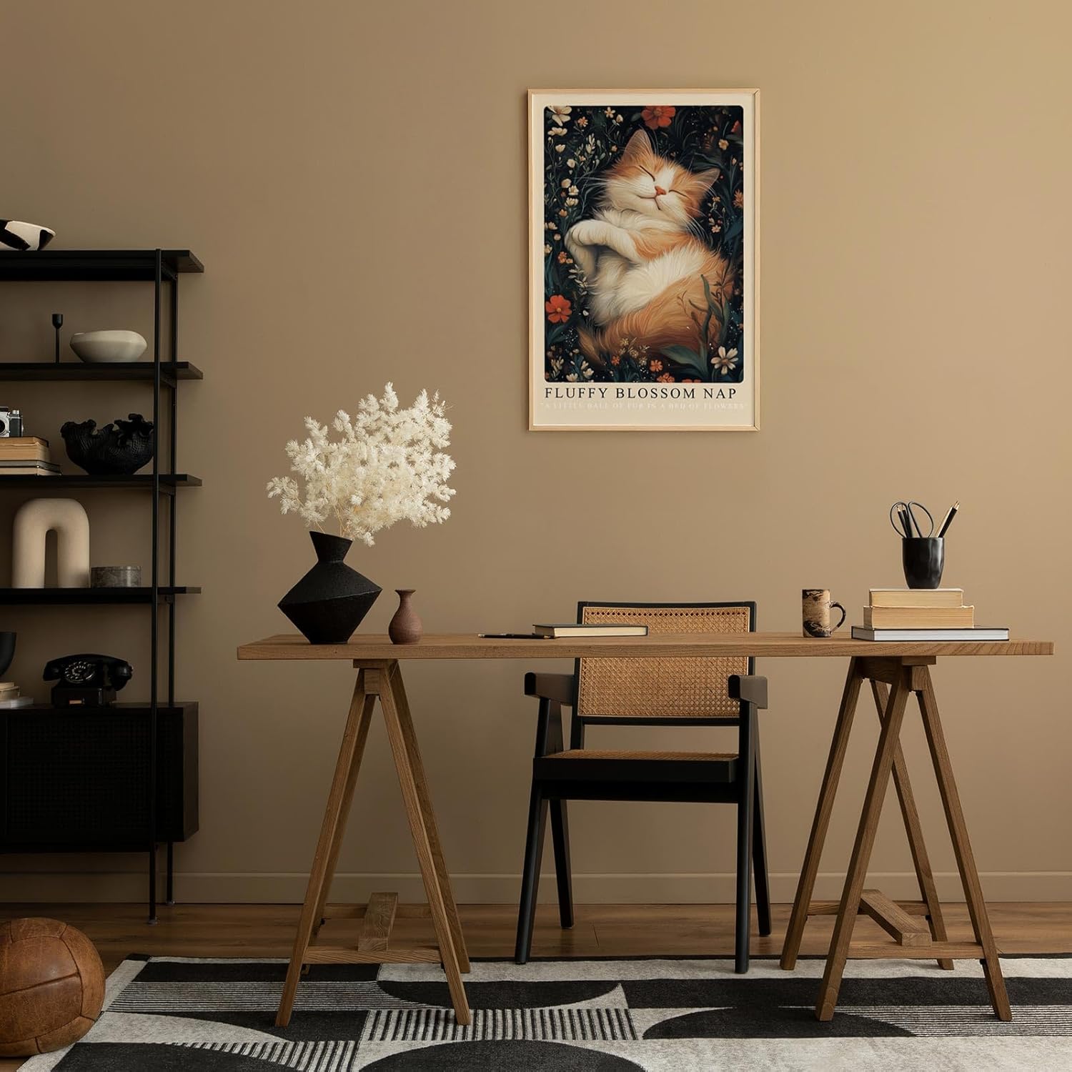Paul Sinus Leinwandbild 80x120cm verträumtes Kunstwerk einer schlafenden Katze inmitten blühender Blumen, harmonische Naturillustration