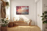 Sinus Art Wandbild 120x80cm Blick auf schneebedeckten Fuji hinter rosa Blüten über stillem Wasser
