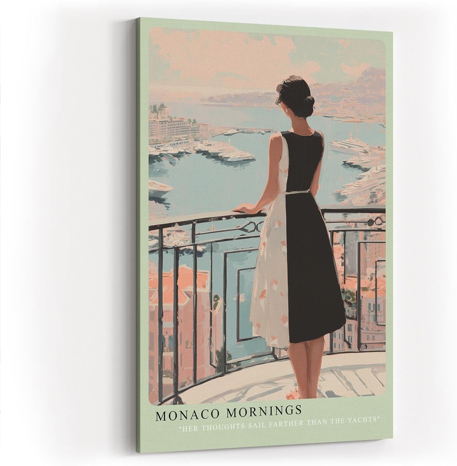 Paul Sinus Wandbild in 40x60cm Monaco Mornings – Elegantes Porträt einer Frau auf einem Balkon mit Blick auf den Hafen von Monaco, moderne Bilder in warmen Pastelltönen
