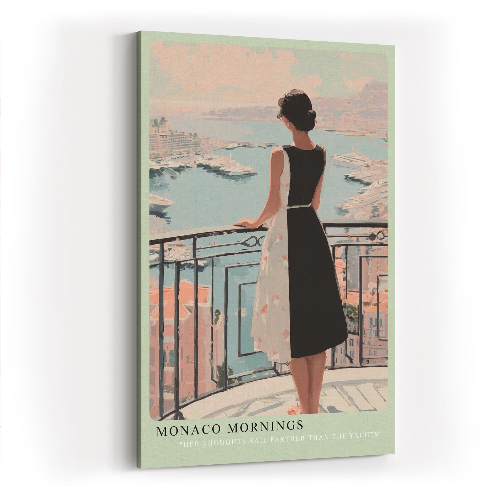 Paul Sinus Wandbild in 40x60cm Monaco Mornings – Elegantes Porträt einer Frau auf einem Balkon mit Blick auf den Hafen von Monaco, moderne Bilder in warmen Pastelltönen