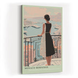 Paul Sinus Wandbild in 40x60cm Monaco Mornings – Elegantes Porträt einer Frau auf einem Balkon mit Blick auf den Hafen von Monaco, moderne Bilder in warmen Pastelltönen