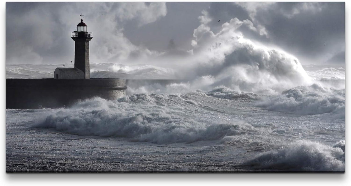 Leuchtturm in Portugal ca. 130x70cm Wandbild inklusive Schattenfugenrahmen weiss - Panorama Leinwand Bild XXL Format Wandbilder Wohnzimmer Wohnung Deko Kunstdrucke