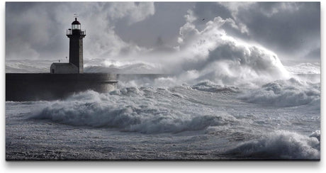 Leuchtturm in Portugal ca. 130x70cm Wandbild inklusive Schattenfugenrahmen weiss - Panorama Leinwand Bild XXL Format Wandbilder Wohnzimmer Wohnung Deko Kunstdrucke