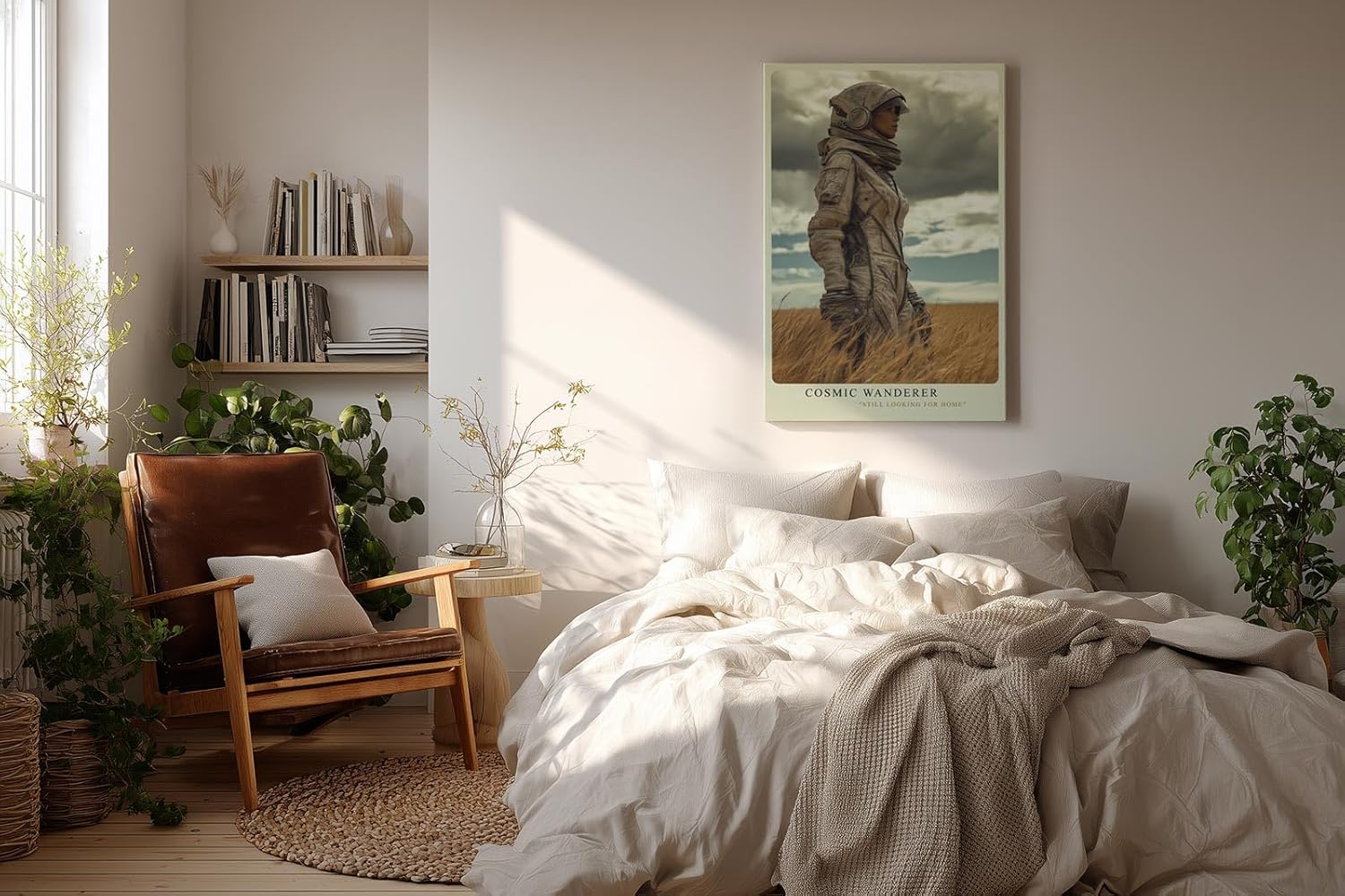 Paul Sinus Wandbild in 40x60cm Cosmic Wanderer – Astronautin in Getreidefeld unter wolkenverhangenem Himmel