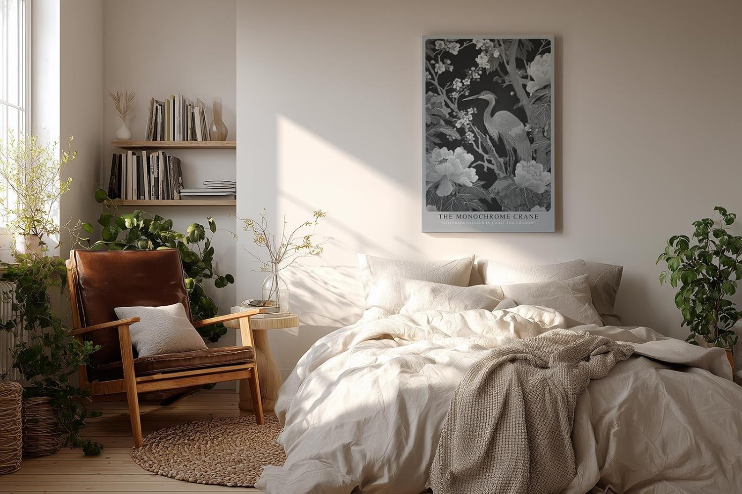 Paul Sinus Wandbild in 40x60cm The Monochrome Crane mit Kranich und Blüten in Schwarz-Weiß-Optik für stilvolle Wandgestaltung
