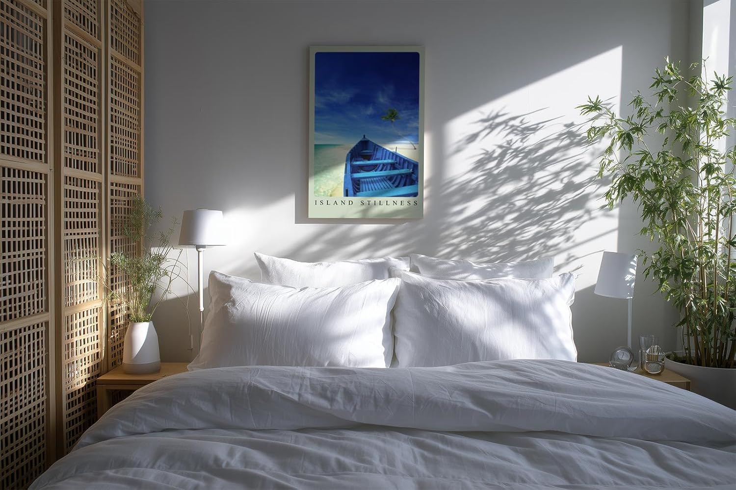 Paul Sinus Kunstdruck 40x60cm Island Stillness Blaues Boot auf weißem Sandstrand mit Palme und Meer