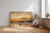 Sinus Art Wandbild 120x80cm Einzelnes Boot auf ruhigem Wasser bei Sonnenuntergang – Natur pur auf Leinwand